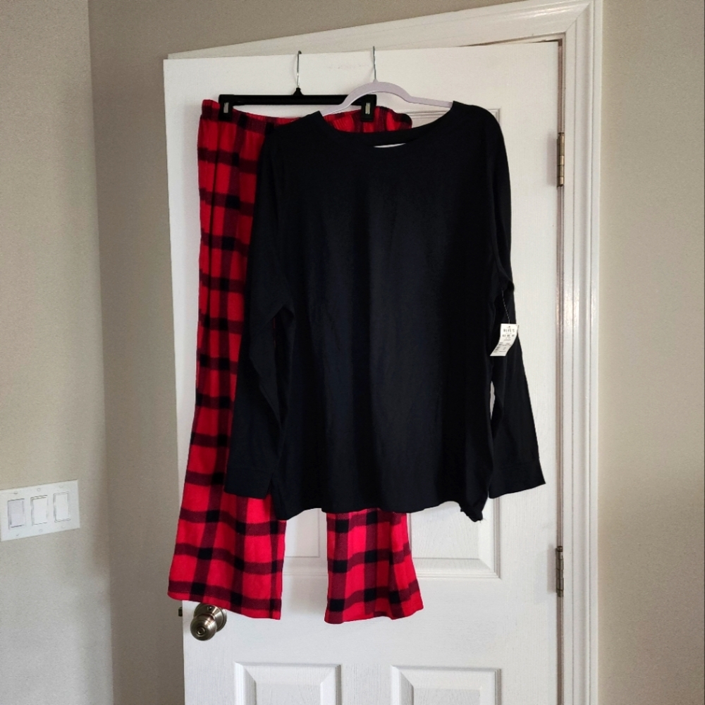 New Sonoma Women's 2 Pc Pajama Set Pink Black Plaid Fleece Pants Long Sleeve 2x